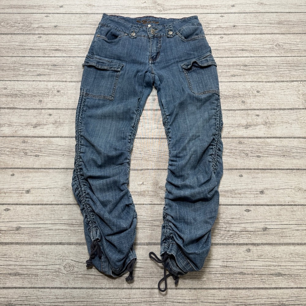Y2K Cello Cargo Jeans Women's 7 Blue Denim Ruched Drawstring Utility Streetwear